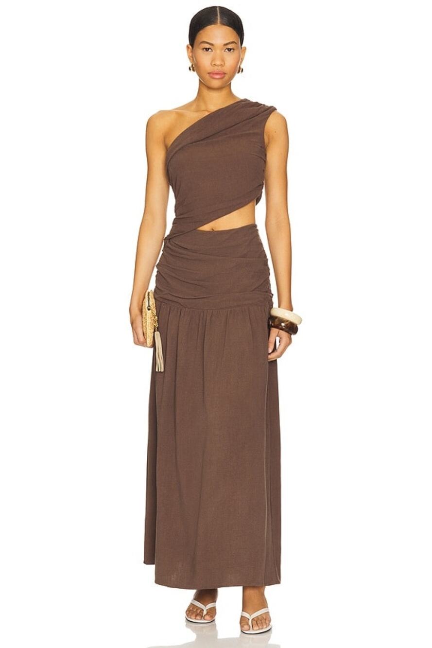 4th & Reckless Yara Maxi Linen Blend Chocolate Ruched Cutout Dress NWT Large